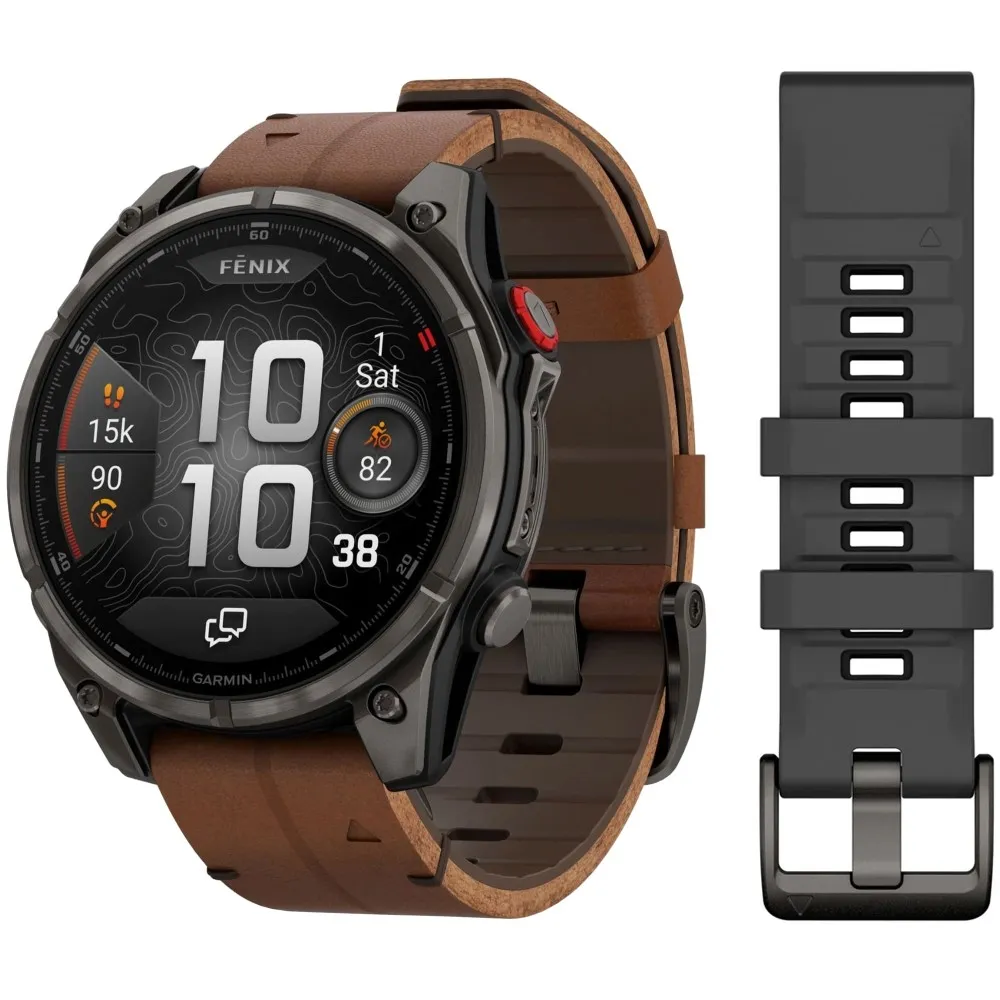 Garmin Fenix 8 Pro, 47 мм, AMOLED Sapphire Carbon Grey DLC Titanium / Chestnut Leather Band