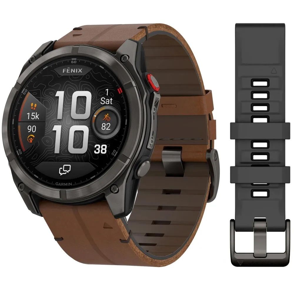 Garmin Fenix 8 Pro, 51 мм, AMOLED Sapphire Carbon Grey DLC Titanium / Chestnut Leather Band